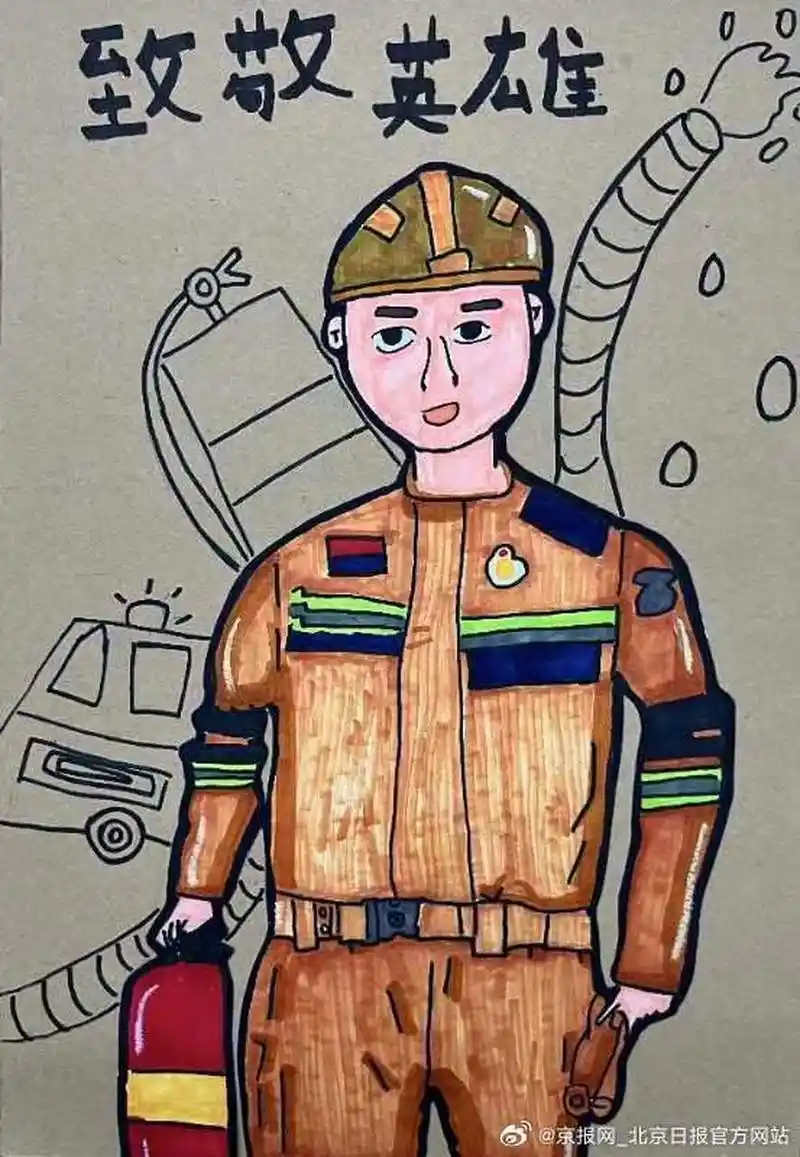 8岁的鲍赫萱小朋友,创作了这幅《致敬英雄》,画出了心中的最美英雄