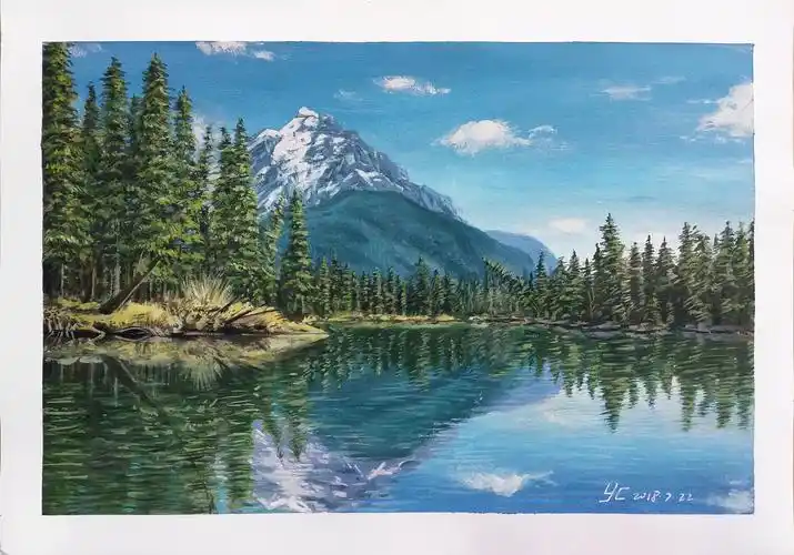 水粉画风景湖泊