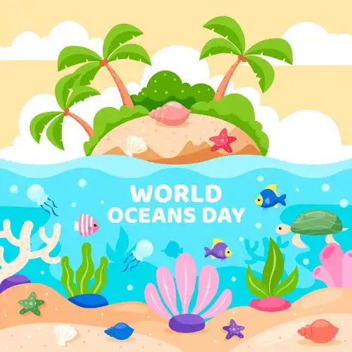 世界海洋日主题绘画(世界海洋日,海洋,珊瑚,小岛)手绘插画_北极熊素材