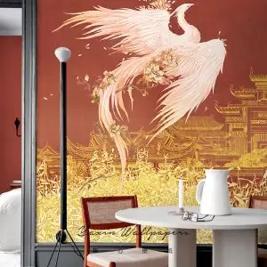 雅心白色凤凰新中式壁纸客厅卧室电视背景墙墙布民宿酒店定制壁画