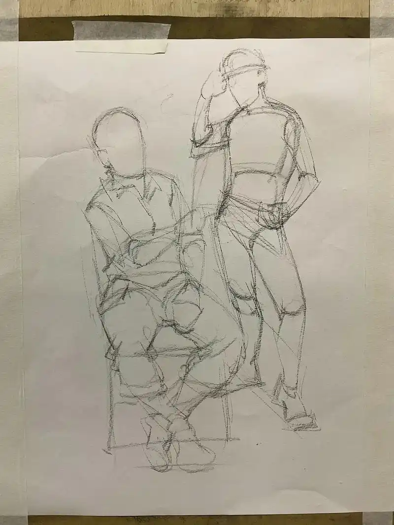 经典站坐双人场景速写. 步骤图.#速写人物 #美术生 #画室 - 抖音