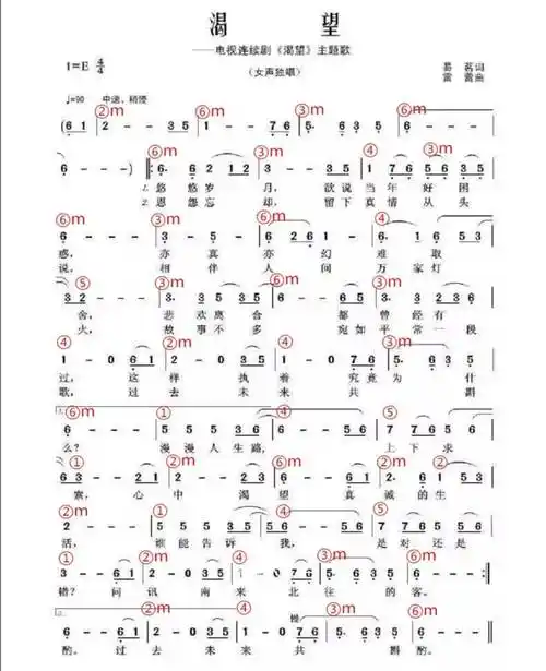 《渴望》电子琴和弦简谱