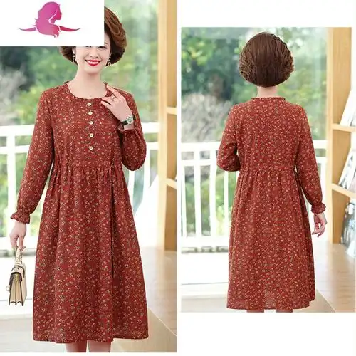 碎花中长款连衣裙中年妇女棉麻收腰时尚中老年人春秋长袖裙子连衣裙