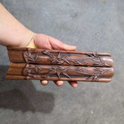 收藏花梨木镂空雕刻文房镇尺一对 竹雕竹子 文房镇尺镇纸长23厘米