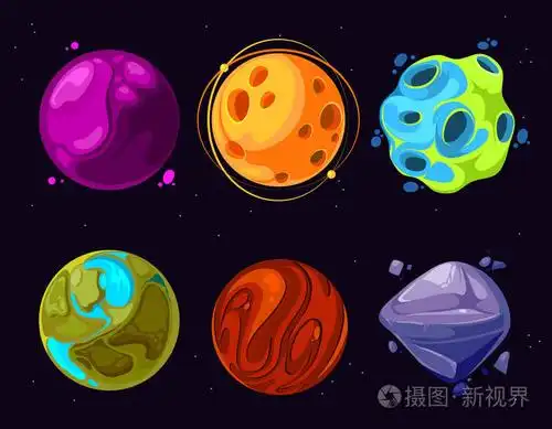 空间行星, 小行星, 月亮, 梦幻般的世界游戏矢量卡通图标插画-正版