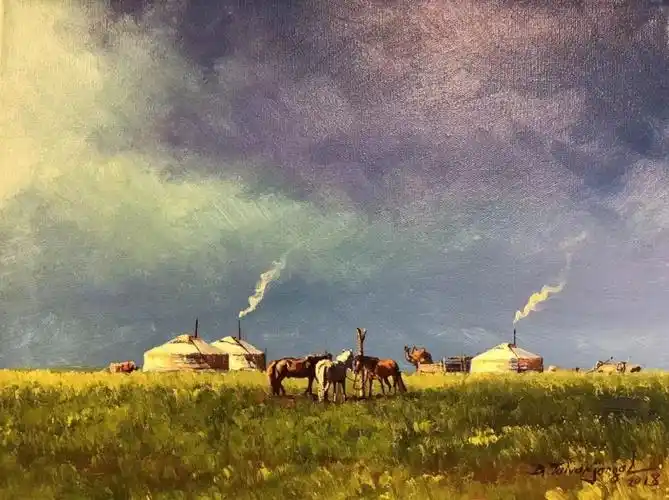 蒙古草原风景让人向往蒙古国著名画家d泰温吉日嘎拉油画作品