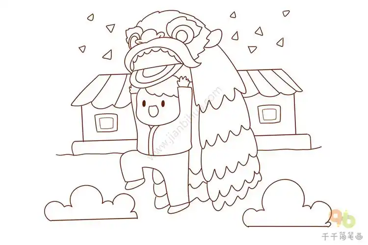 舞龙狮 过大年_春节简笔画