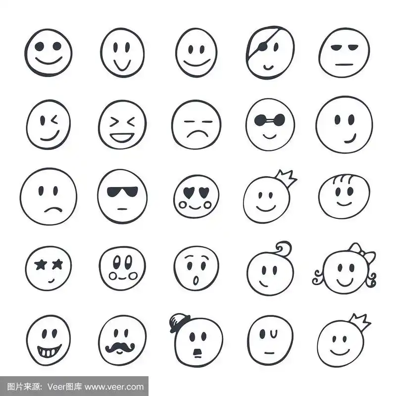 一组手绘笑脸,不同表情的滑稽脸