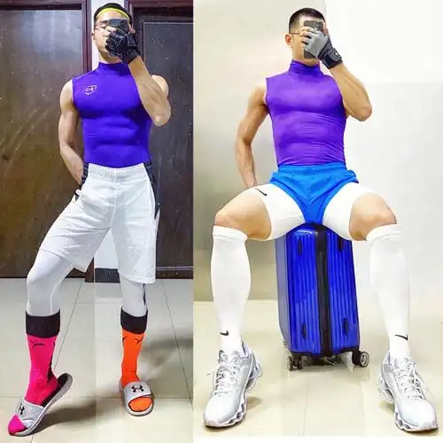 夏至超元气的男生健身穿搭香芋紫紧身衣