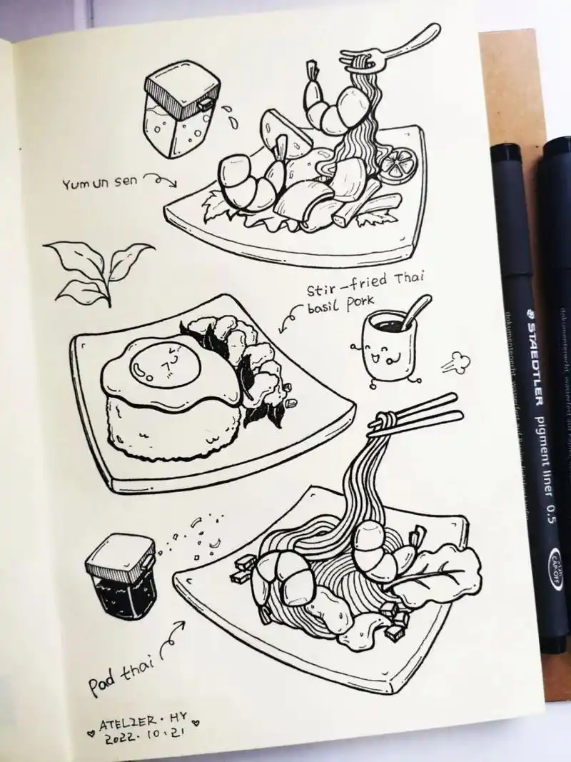 简笔画记录一下我的午餐|原创|黑白手绘 去寿岩谷壁画村吃了个午饭