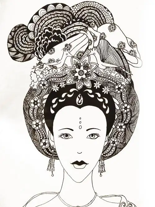 墨色古代美女头饰手绘