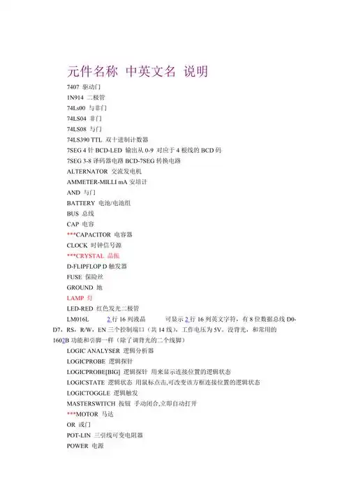 proteus元件名称对照表