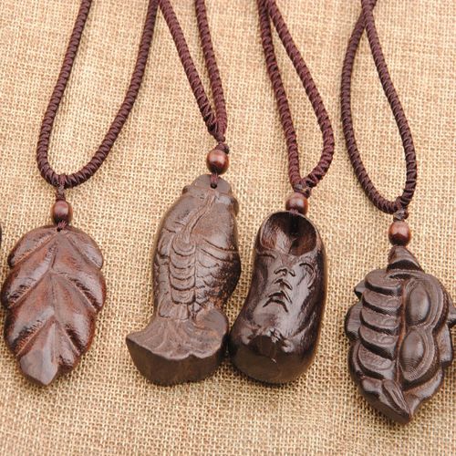 手工雕刻木质鱼类树叶项坠麻绳长款项链民族风毛衣链饰品挂饰挂件