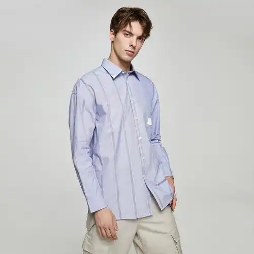 绫致【新疆棉】selected思莱德条纹落肩休闲长袖衬衫男s420305034