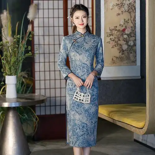 春秋改良七分袖2023年新款新式秋季雾霾蓝旗袍中袖年轻款中长款秋