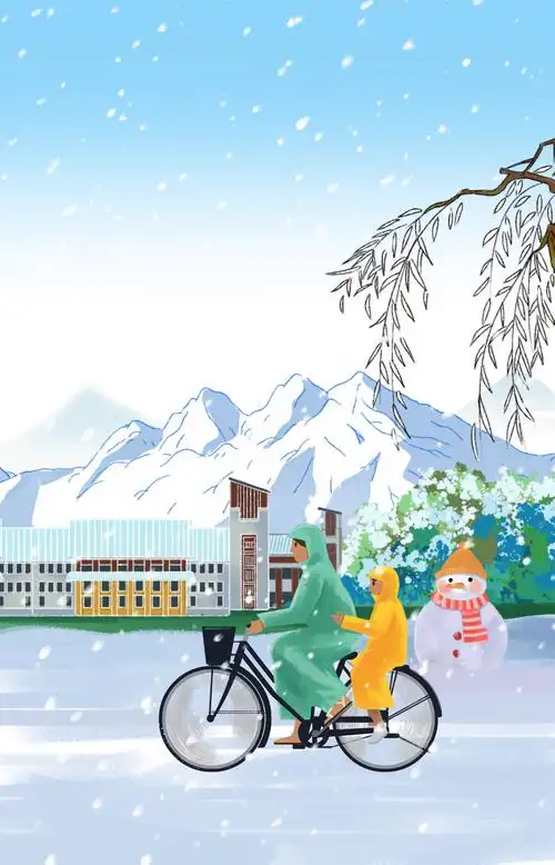 寒冷冬季户外骑车上学生活方式冬天雪景运动节气插画