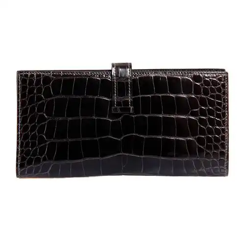 hermes(爱马仕)黑色鳄鱼皮h扣长款钱夹