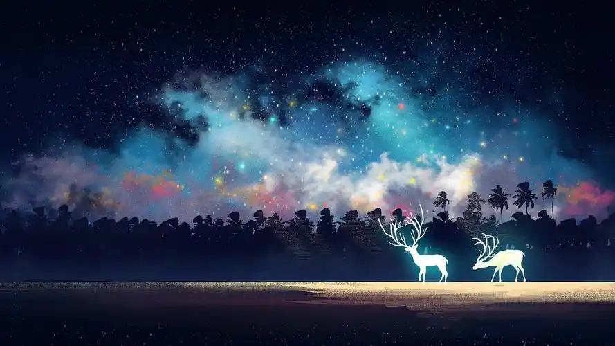 4k唯美星空森林麋鹿发光温馨夜色静谧卡通插画背景ae模板卡通背景