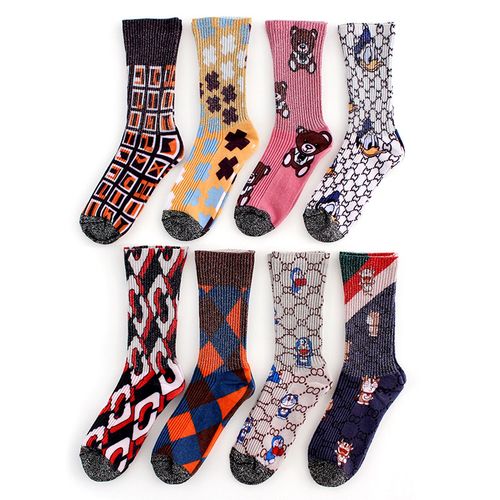 彩绘袜子女中筒袜ins潮牌印花3d网红直播春夏薄款金银丝欧货