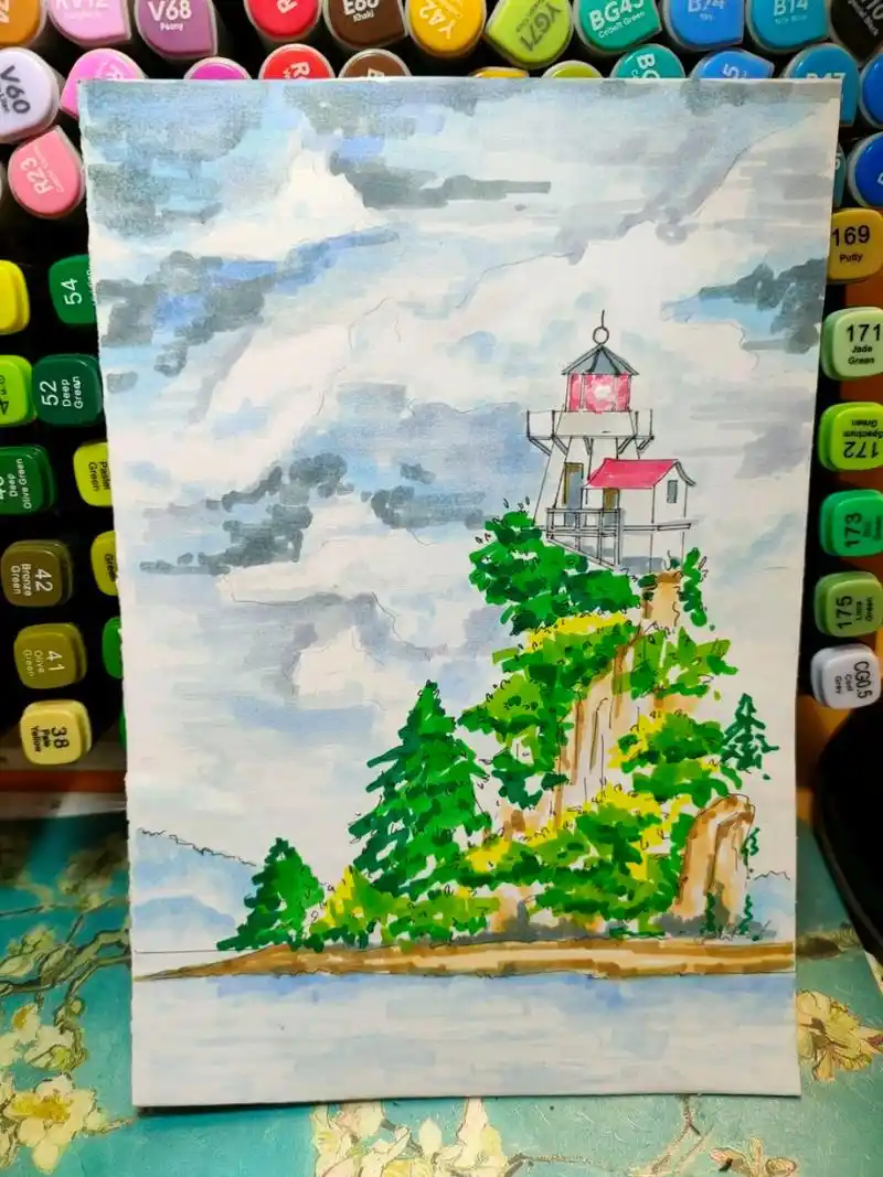 色稿 马克笔风景画《灯塔》色稿#马克笔手绘# #风景画# #马克笔画