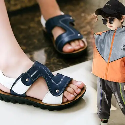儿童凉鞋男夏小童软底2021新款夏季轻便大童运动真牛皮男童沙滩鞋
