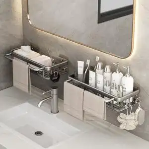 卫生间毛巾架置物架一体免打孔强力胶粘洗漱台洗脸洗手池牙杯架子