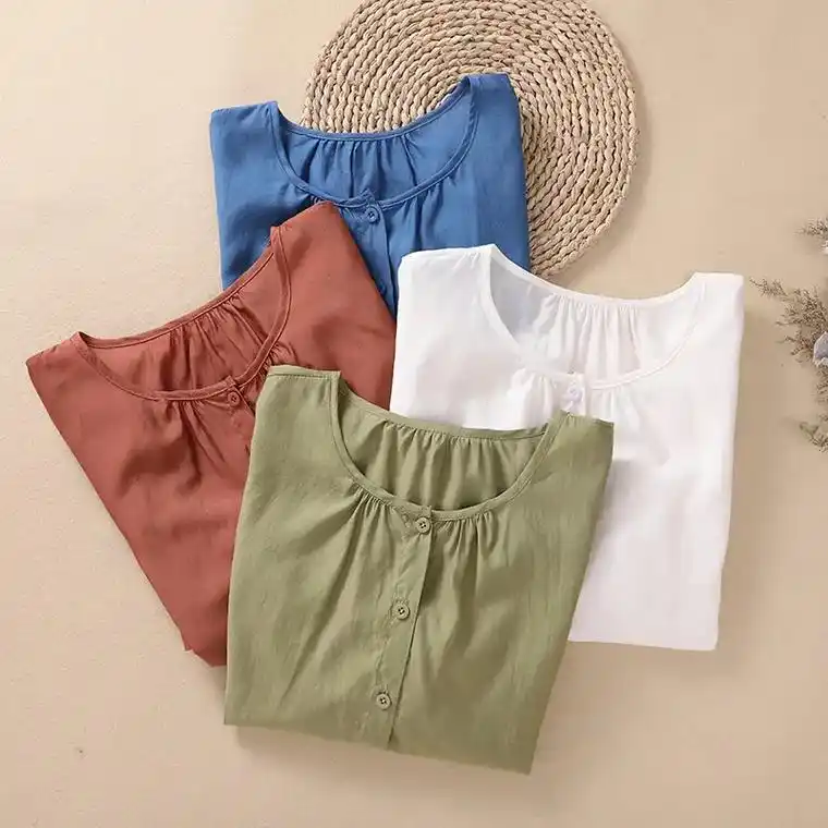 轻薄款棉麻小衫女文艺宽松圆领衬衫亚麻短袖.