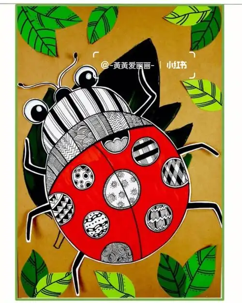 1 , 通过观察和参考图片素材,并用线描的方式添加七星瓢虫的花纹