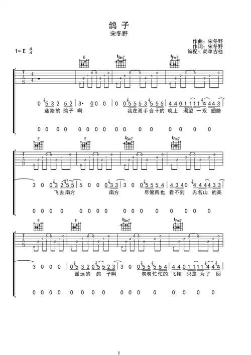 鸽子—宋冬野e调六线吉他谱-虫虫吉他谱免费下载