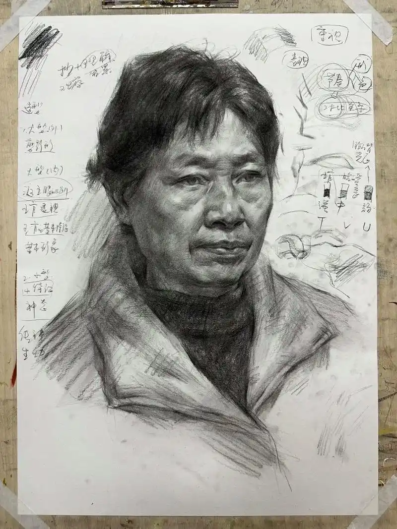 女老年素描头像大关系示范(带步骤)#美术生 #素描 #想画就 - 抖音