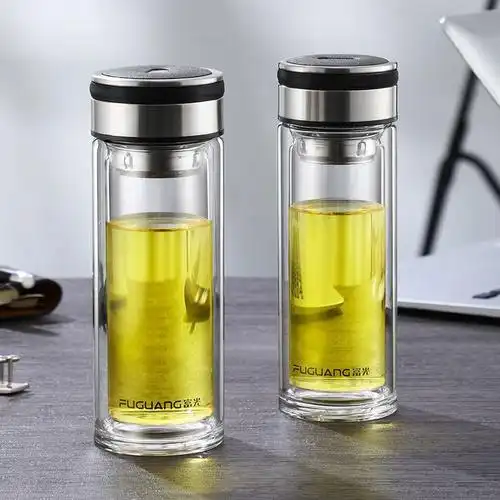 富光双层玻璃茶杯男士高档水晶杯简约透明水杯带盖喝茶杯子礼盒装黑色