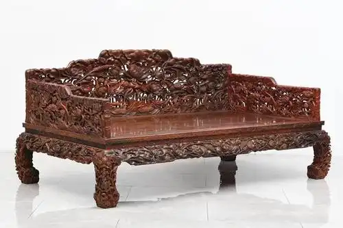 故宫典藏款,大红酸枝荷花镂空罗汉床,传世精品