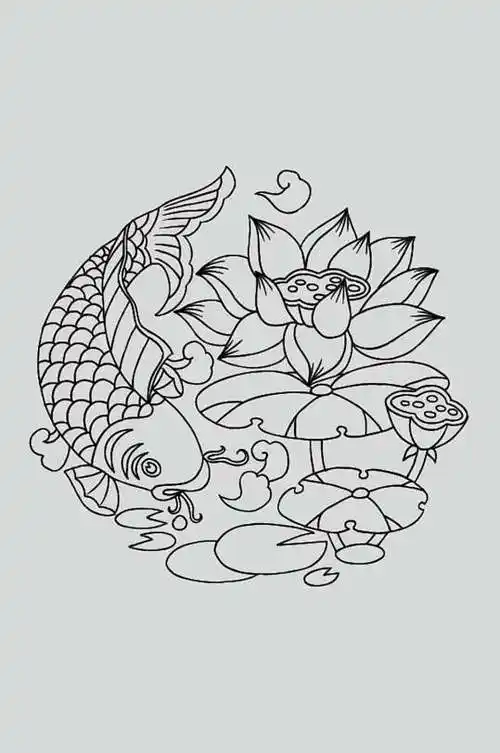 荷花锦鲤黑色古典线描纹样矢量素材
