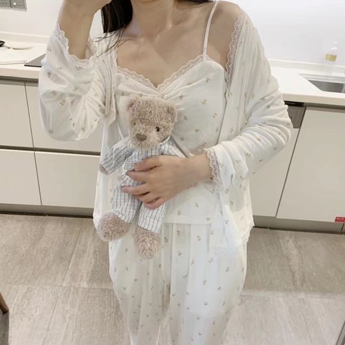 睡衣女春秋吊带长袖长裤日系小清新碎花甜美减龄针织棉纯欲家居服