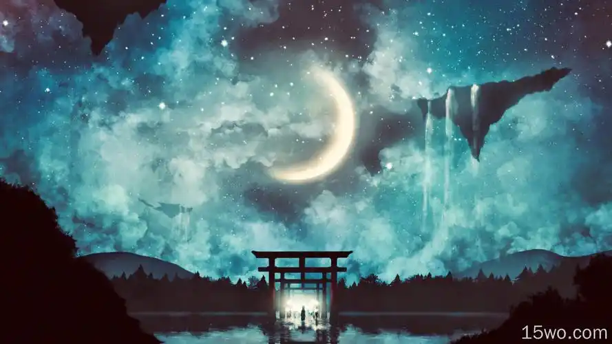 动漫 原创 天空 夜晚 月亮 星云 starry sky 高清壁纸