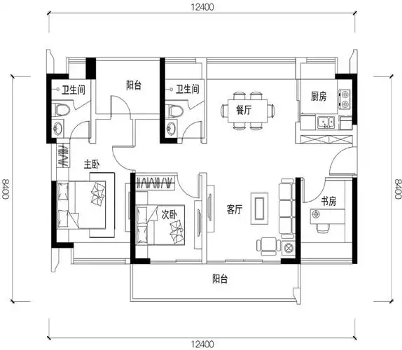 110㎡ 户型 四房两厅两卫