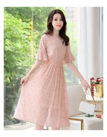 雪纺连衣裙女夏2018新款韩版收腰显瘦夏季中长款仙女裙粉色碎花裙