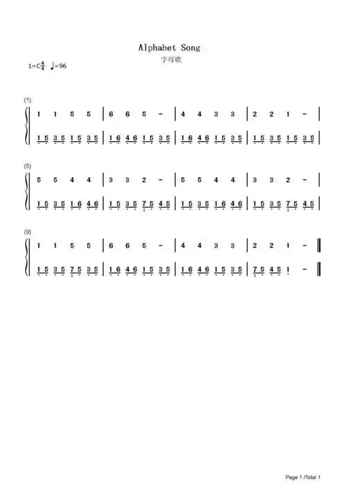 字母歌儿歌c调流行钢琴简谱