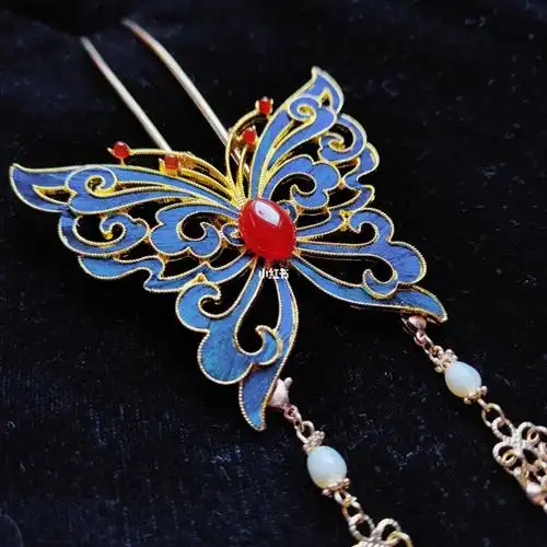 孔雀羽毛仿点翠蝴蝶发簪