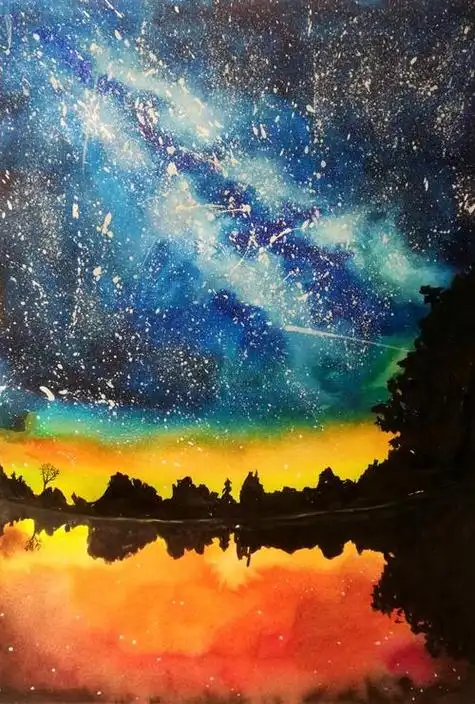 清新水彩画 手绘星空你梦里的夜空星空水粉画