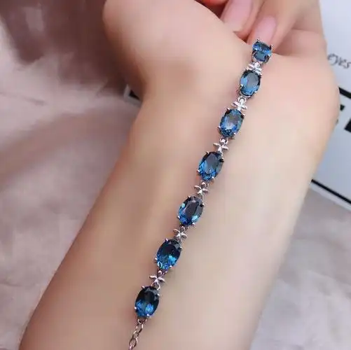 手链新款银镶天然伦敦蓝托帕石7mm蓝色宝石手链
