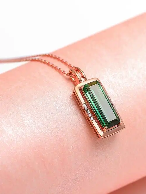 今上珠宝 18k金钻石绿碧玺吊坠女 玫瑰金色长方形锁骨链