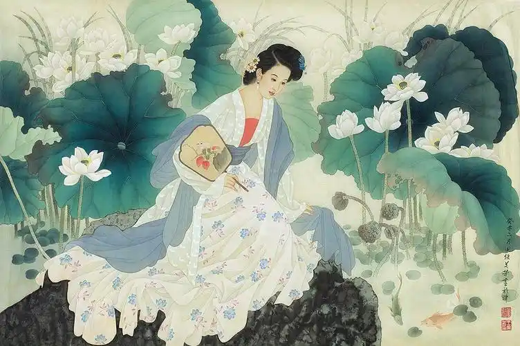 0198 执扇仕女 镜片 设色绢本