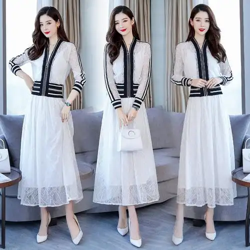 2020秋季新品韩版时尚甜美蕾丝两件套时尚套裙 中长裙连衣裙女