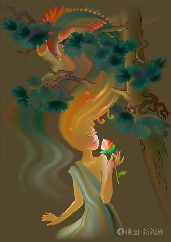 美丽的女人闻花