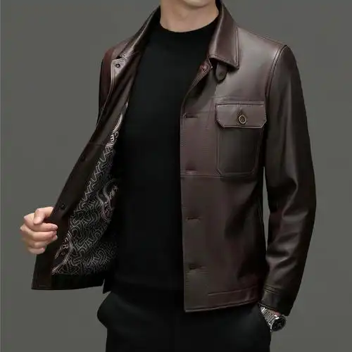 2024春秋新款头层牛皮真皮男士皮衣休闲商务高端男装翻领单扣外套