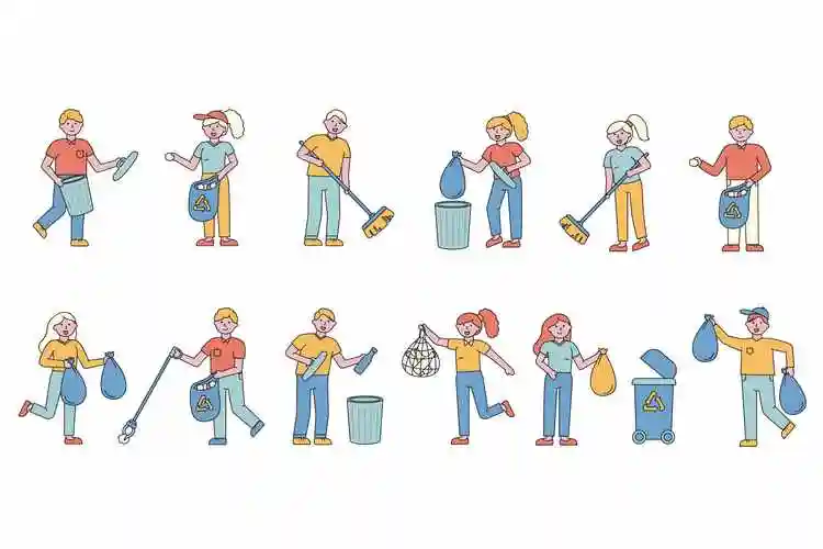 垃圾分类环保主题人物形象线条艺术矢量插画,100%矢量设计,适合您的