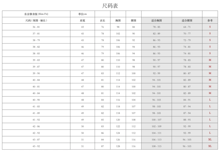 东京修身版衬衫尺码表