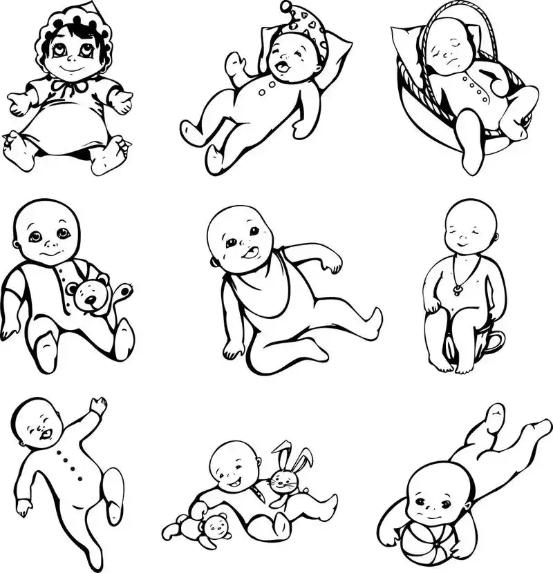 婴儿的剪影,矢量剪影的婴儿.黑白插图集.