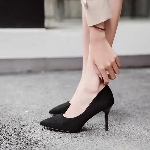 韩版黑色高跟鞋细跟尖头绒面单鞋女优雅职业面试7cm5cm正装少女ol